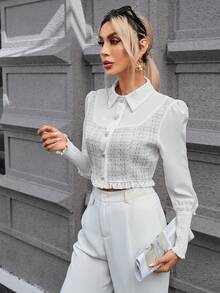 SHEIN Privé 格紋圖案前紐扣二合一短款襯衫 - 白色 - 查看 4