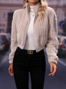 SHEIN Frenchy Drop Shoulder Zipper Up Crop Fuzzy Jacket - Apricot - View 3