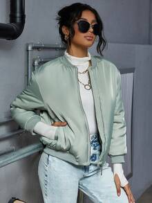 Eilly Bazar Slant Pockets Baseball Collar Padded Coat - Mint Green - View 1