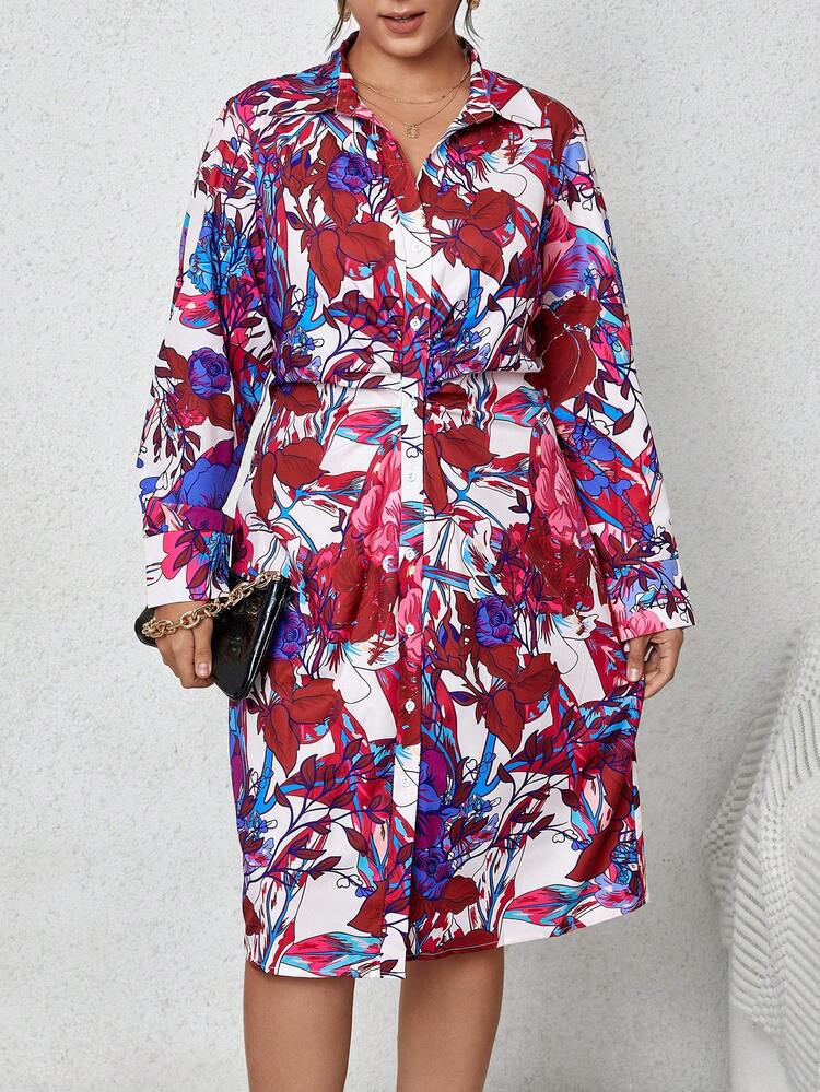 Plus Floral Print Shirt Dress