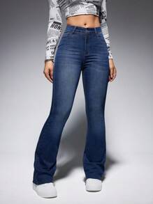 SHEIN EZwear Moustache Effect Flare Leg Jeans - Blue - View 1