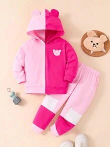 SHEIN Chàng trai trẻ Gấu Thêu Thiết kế tai 3D Áo Hoodie & Quần thể thao - Màu Hồng Tươi - Xem 1