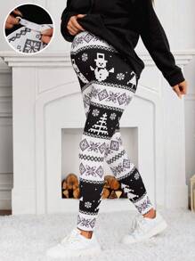 SHEIN Maternity Adjustable Waist Christmas Print Leggings - Black and White - View 1