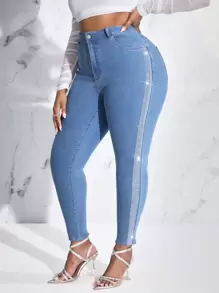 SHEIN SXY Plus High Waist Contrast Rhinestone Side Skinny Jeans - Medium Wash - View 1