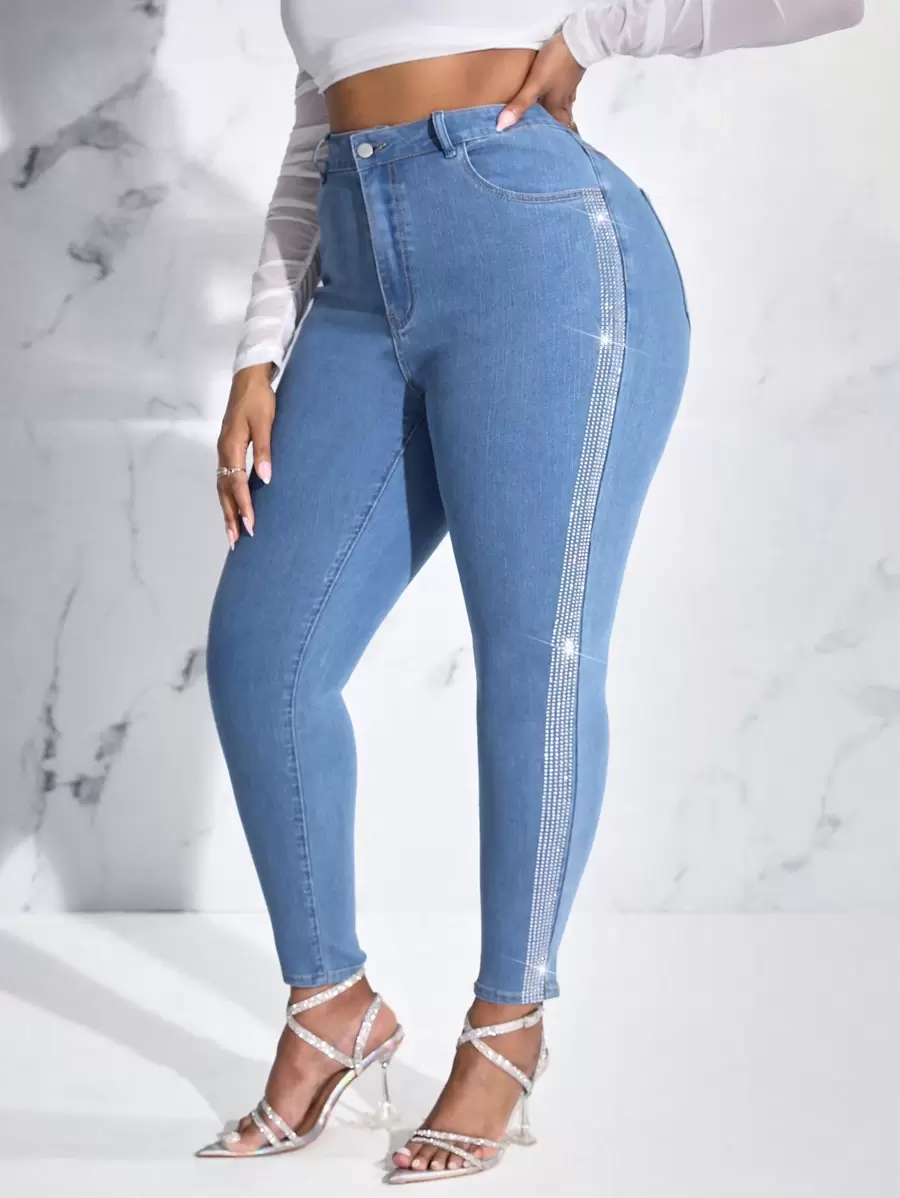 SHEIN SXY Plus High Waist Contrast Rhinestone Side Skinny Jeans - Medium Wash - View 1