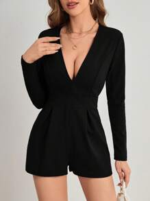 SHEIN BAE Áo liền quần Dây kéo màu trơn Gợi cảm - màu đen - Xem 1