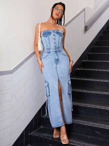 SHEIN ICON Flap Pocket Split Thigh Tube Denim Dress - Light Wash - View 3