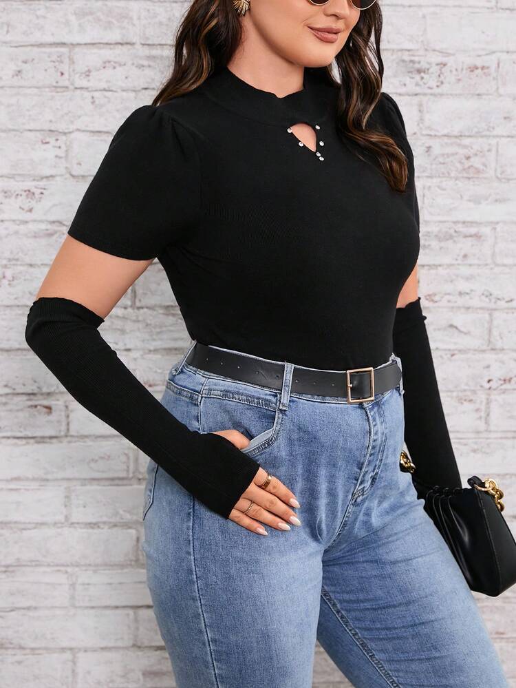Plus Rhinestone Detail Cut Out Mock Neck Sweater With Arm Sleeves Knit Pullover Fall Winter Sweater