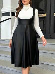 SHEIN Clasi 大碼素色PU皮革背帶洋裝無毛衣 - 黑色 - 查看 1