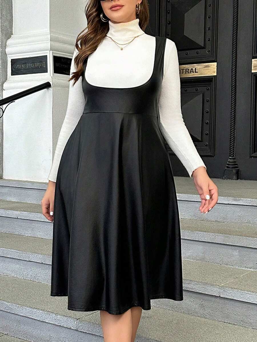 SHEIN Clasi 大碼素色PU皮革背帶洋裝無毛衣 - 黑色 - 查看 1