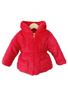 Young Girl Zip Up Hooded Flannel Coat - Red - View 4