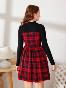 SHEIN 青少年女孩格紋印花小高領洋裝 - 酒紅色 - 查看 2