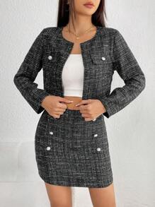 SHEIN PETITE 翻蓋細節粗花呢夾克&包臀半身裙 - 黑色 - 查看 7