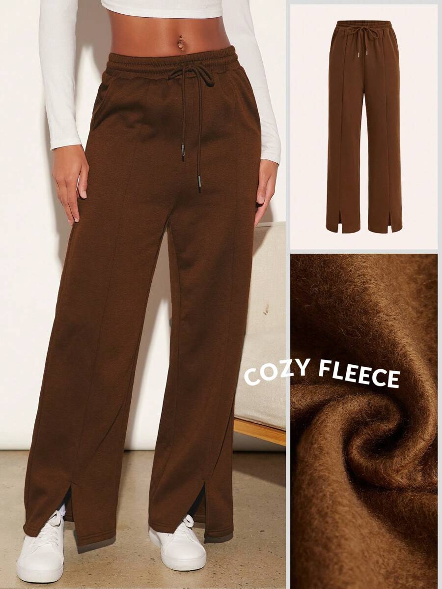 SHEIN BASICS 舒適搖粒絨腰部抽繩下擺開叉衛褲 - 咖啡棕 - 查看 1