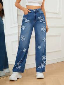 SHEIN EZwear Floral Print Straight Leg Jeans - Medium Wash - View 2