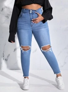 SHEIN SXY 女装大码修身牛仔裤,带有破洞和翻边磨毛设计 - 藍色 - 查看 4