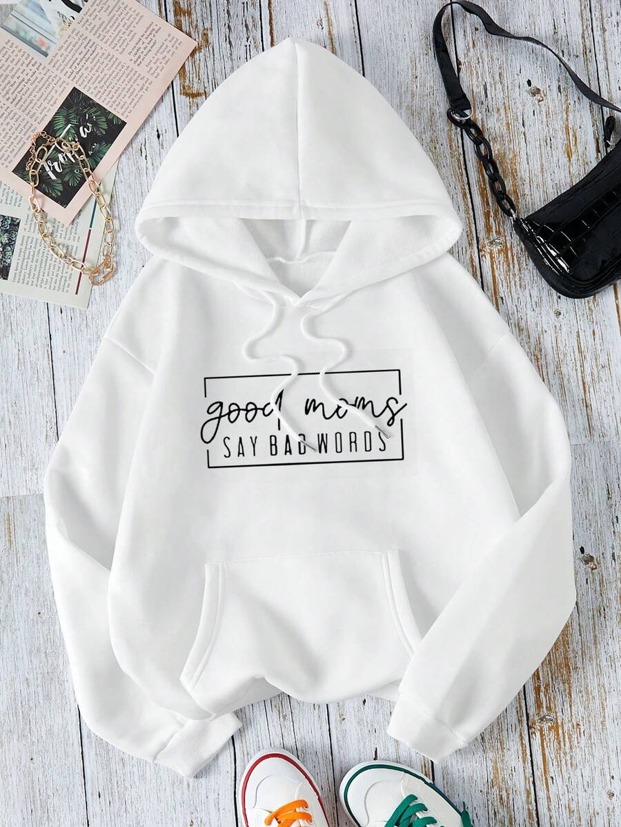 SHEIN EZwear Plus Size Slogan Graphic Kangaroo Pocket Drawstring Thermal Lined Sweatshirt - White - View 1