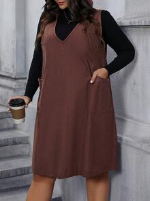 Calvaya Plus 1pc Dual Pocket Hooded Dress Without Sweater - Coffee Brown - View 6