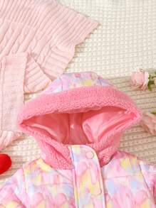 Baby Girl Heart Patched Hooded Padded Coat - Pink - View 4