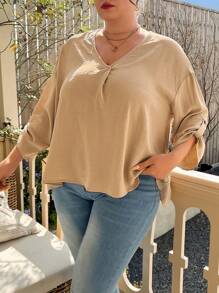 Calvaya Plus V-neck Roll Tab Sleeve Blouse - Apricot - View 5