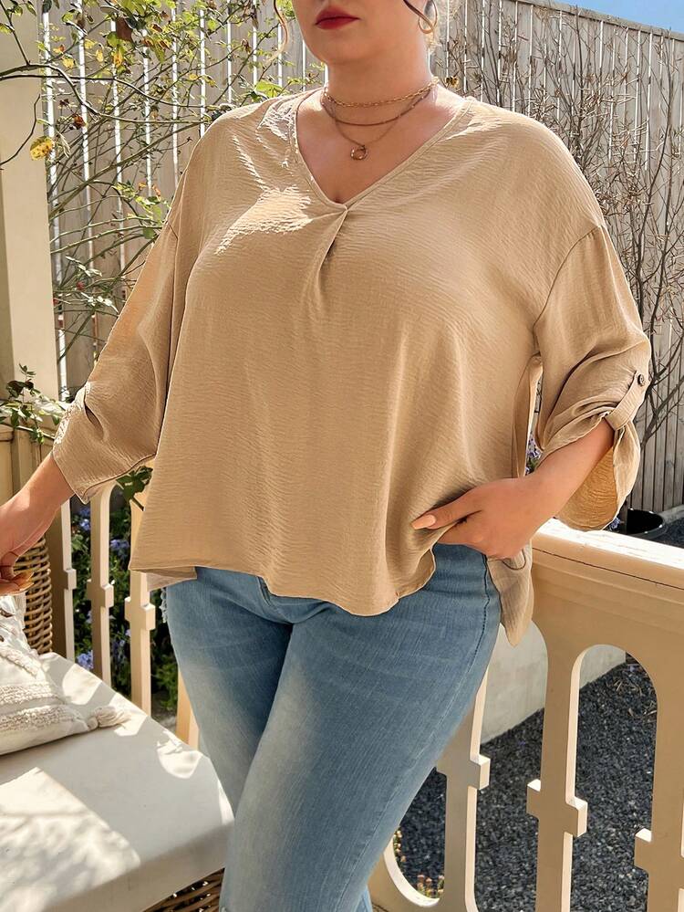 Plus V-neck Roll Tab Sleeve Blouse