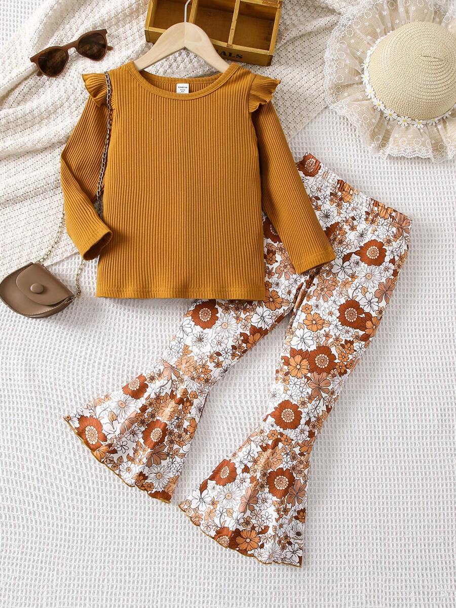 年轻女孩乡村风格 T 恤和喇叭裤套装，舒适荷叶边饰边，适合秋季、春季、冬季、户外活动、学校、居家、旅行，适合 4-7 岁 - 彩色 - 查看 1