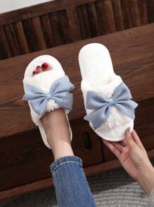 女士春秋季舒适露趾蝴蝶结拖鞋，冬季保暖毛绒家居拖鞋，室内穿着，毛绒鞋，圣诞节，蓬松拖鞋 - 藍色 - 查看 5