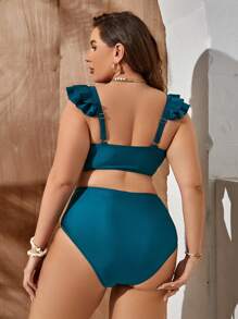 SHEIN Swim Curve Summer Beach Plus Smocked Ruffle Trim Bikini Set