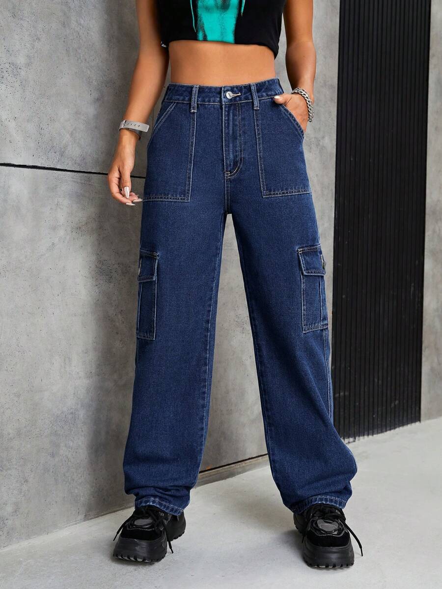 SHEIN PETITE Flap Pocket Cargo Jeans - Dark Wash - View 1