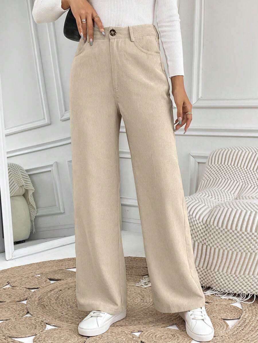 SHEIN LUNE 高腰斜口袋燈芯絨闊腿褲 - 杏色 - 查看 1