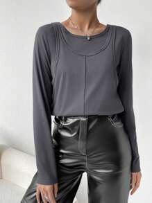 SHEIN Essnce T-Shirt 2 En 1 Unicolore - Gris foncé - Voir 4