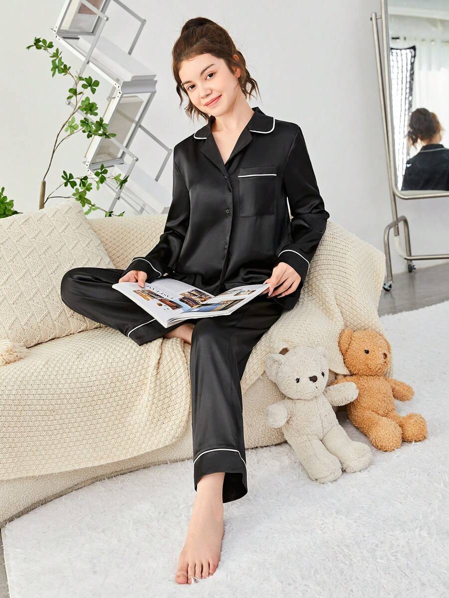 SHEIN Leap Crew Teen Girl Contrast Piping Satin PJ Set - Black - View 1