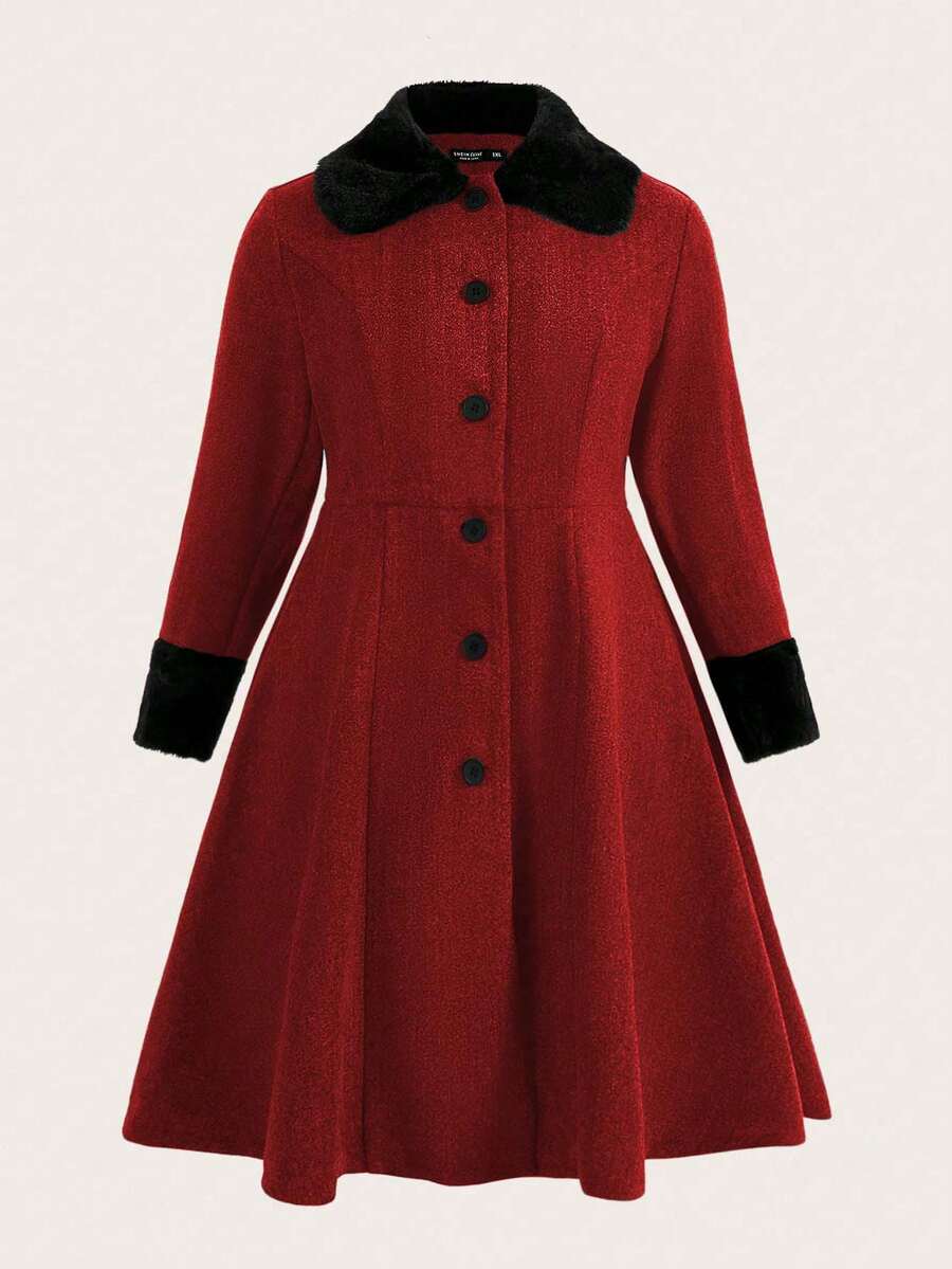 SHEIN Clasi Plus Borg Collar Fuzzy Cuff Tweed Overcoat - Red - View 1