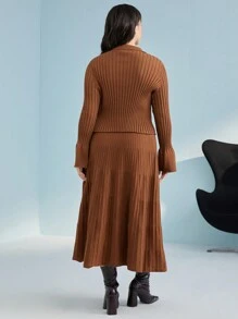 Mulvari Plus Solid Cardigan & Knit Skirt - Brown - View 3