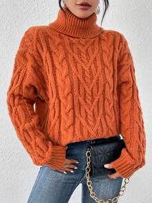 SHEIN Essnce Turtleneck Cable Knit Drop Shoulder Sweater - Coffee Brown - View 4