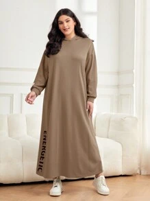 Mulvari Plus Letter Graphic Drop Shoulder Hooded Sweatshirt Dress - Khaki - View 6