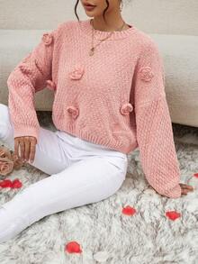 SHEIN Essnce Pearls Beaded Stereo Flower Drop Shoulder Sweater - Pink - View 5