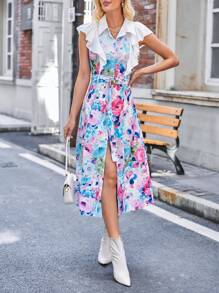 Aveloria Floral Print Ruffle Trim Button Front Shirt Dress With Belt - Multicolor - View 1