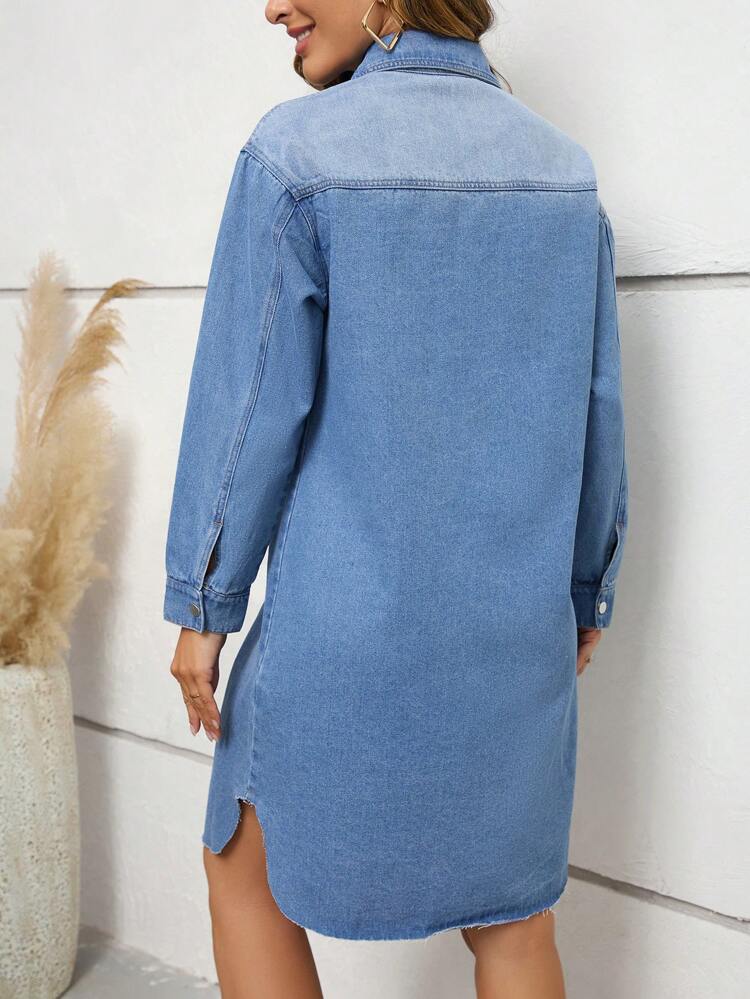 Flap Pocket Drop Shoulder Denim Dress Without Belt Fall Cloth For Women