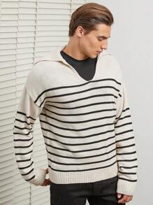 RueChic Men Striped Pattern Drop Shoulder Sweater - Black and White - View 4