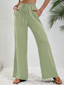 SHEIN LUNE Solid Drawstring Waist Wide Leg Pants Fall Cloth For Women - Mint Green - View 3