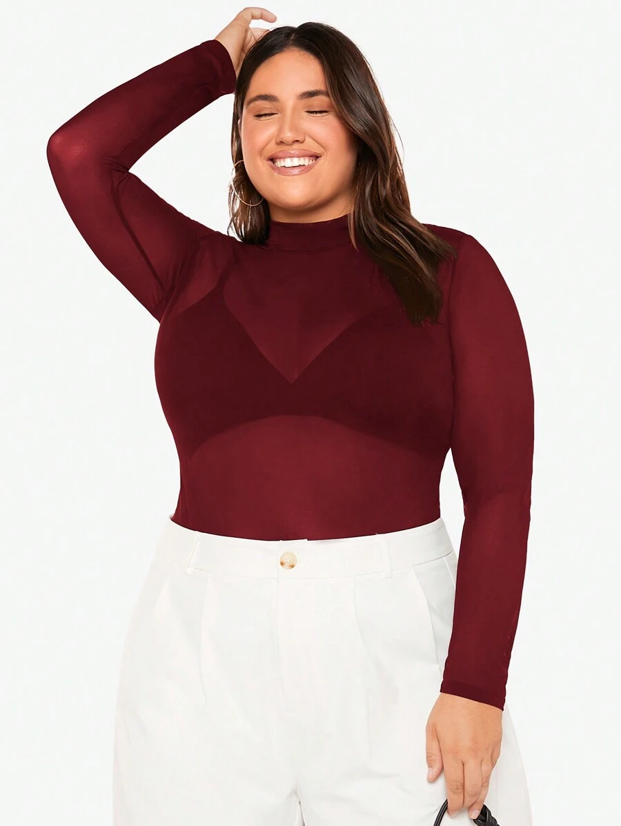 SHEIN BAE Plus Size Solid Mock Neck Mesh Top Without Bra - Burgundy - View 1