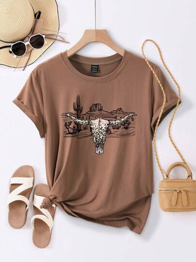 SHEIN LUNE T-shirt con stampa di mucche e cactus, magliette da donna