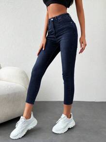 EURMUSE Plain Skinny Denim Trousers - Navy Blue - View 3