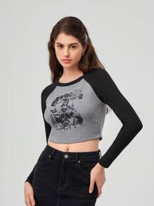 Forever 21 Women's Crop Top With Character And Letter Print Designs And Raglan Sleeve - Multicolor - View 1
