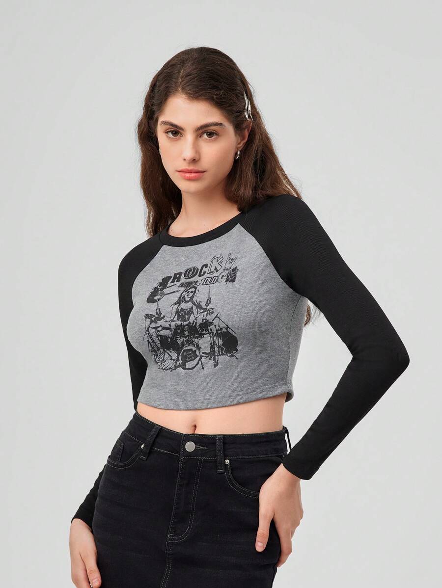 Forever 21 Women's Crop Top With Character And Letter Print Designs And Raglan Sleeve - Multicolor - View 1