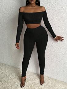 Slaydiva 露肩短款T恤和紧身裤 - 黑色 - 查看 6