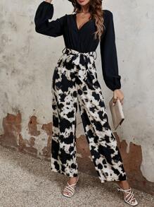 SHEIN Unity Mono de pierna ancha con estampado de dibujo con cinturón - Negro - Ver 3