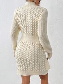 SHEIN Essnce Mock Neck Ruffle Trim Cable Knit Sweater Dress - Apricot - View 2