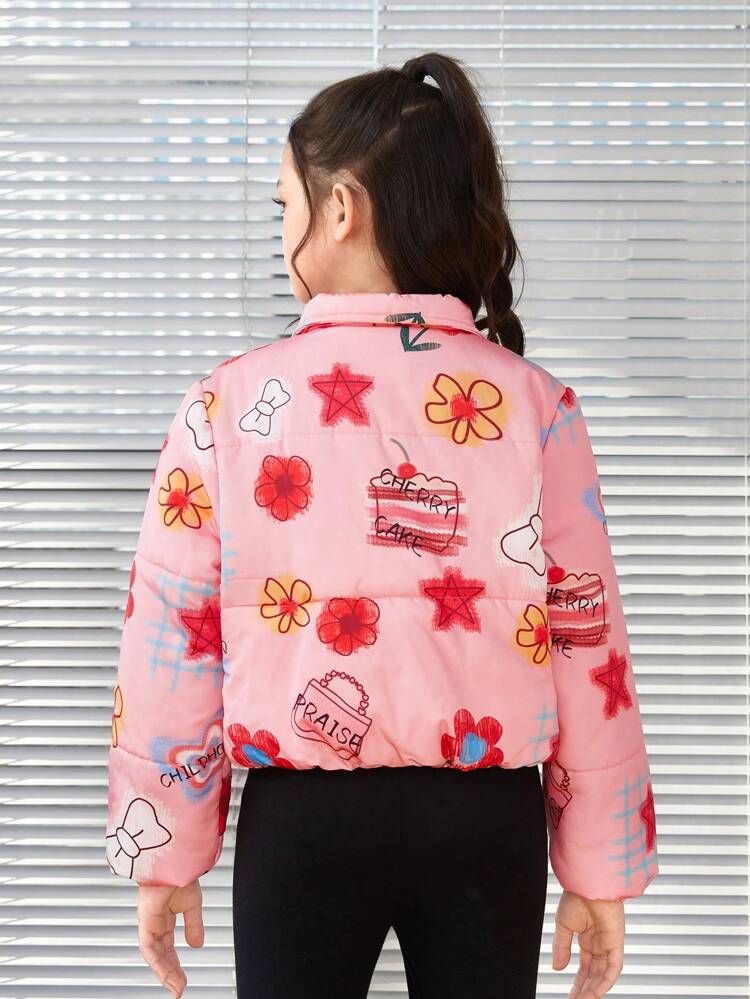 Tween Girl 1pc Cartoon Graphic Padded Coat